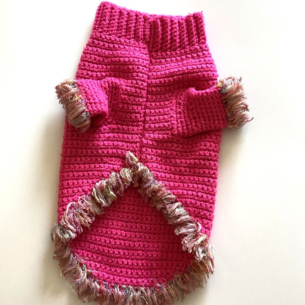 Handmade Pink Knit Dog Sweater Jacket With Fringe Warm Winter